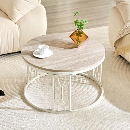 FammyLoft Couchtisch mit Holzoptik-Platte, Modern Round CoffeeTable mit Geometrischem Eisenrahmen, Klein Kaffeetisch für Kid & Pet Friendly, Sofa Tisch, Center für Wohnzimmer/Balkon/Schlafzimmer, 70cm