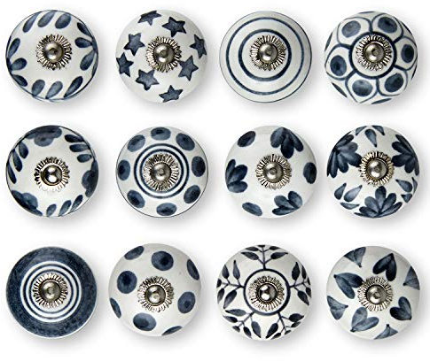 Set of 12 Handmade Ceramic Knobs | 3 Colour Design Ceramic Cabinet Knobs | Drawer Pulls for Home, Kitchen, Bathroom or Office | Drawer Knobs Comes with Wrench, Screw Cap & Extra Screws, Bolts (Grey)