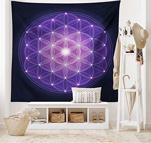 ABAKUHAUS Blume des Lebens Wandteppich, Blume des Lebens Sterne aus Weiches Mikrofaser Stoff Waschbar ohne Verblassen Digitaldruck, 150 x 110 cm, Dunkelblau Violett