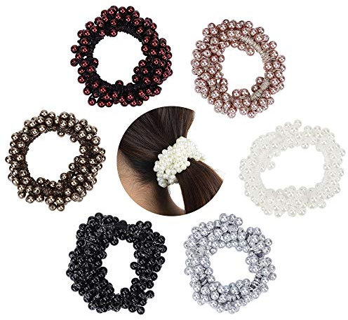 Elastische Haargummi, Hair Scrunchie, 6 STÜCKE Kunstperle Perlen Haarband Seil für Brötchen, Pferdeschwanz Halter Stirnbänder für Frauen Mädchen Dame Kinder Haarschmuck