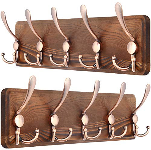 SKOLOO Garderobenleiste Holz, Vintage, Stabile Kleiderhaken Wand mit 5 Dreifachhaken, 2er-Pack, zum Aufhängen von Kleidung, Mantel, Hüten, Jacken, Rucksack, Hakenleiste Holz Antiker auf Braun