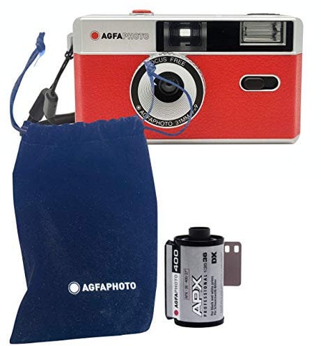 AgfaPhoto Cámara de Fotos analógica de 35 mm, Color Rojo + Negro/Blanco + película + batería