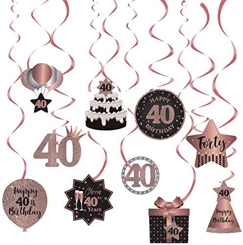 Happy 40th Birthday Party Hanging Swirls Streams Ceiling Decorations, 40 Foil Hanging Swirls with Cutouts for 40 Years Rose Gold Birthday Party Decorations Supplies