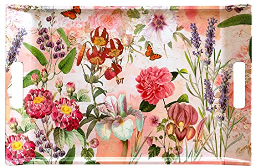 Lashuma Getränketablett beige rot Druck: Wildblumen, Kaffeetablett mit Griffen, Größe: 54x35 cm