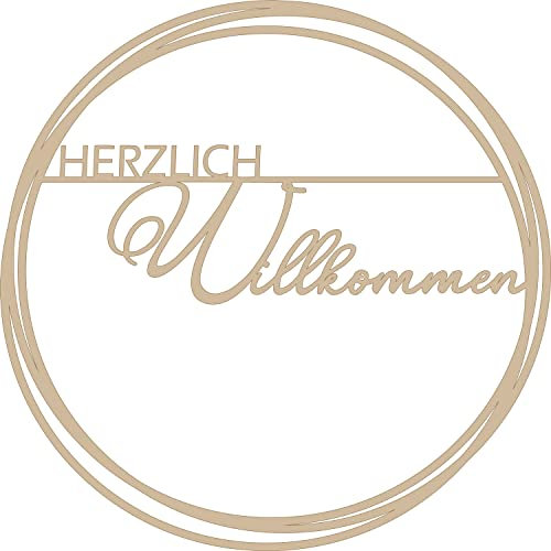 Dekorativer Holzkranz mit Schriftzug HERZLICH Willkommen, Holzring aus Pappel, ideal als Türschmuck oder Wanddeko, Durchmesser 30cm