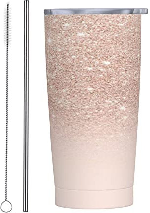 ANGYANG Rose Gold Faux Glitter Pink Ombre Block 20 Oz Vacuum Travel Mug Insulated Water Bottles Stainless Steel Tumbler Coffee Cup with Lid