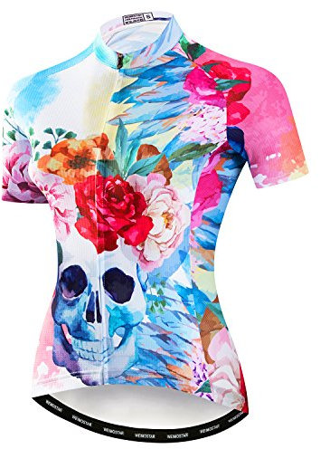 Damen Radfahren Jersey Kurzarm Bike Shirt Mädchen MTB Fahrrad Kleidung Atmungsaktiv Totenkopf Rose Größe M