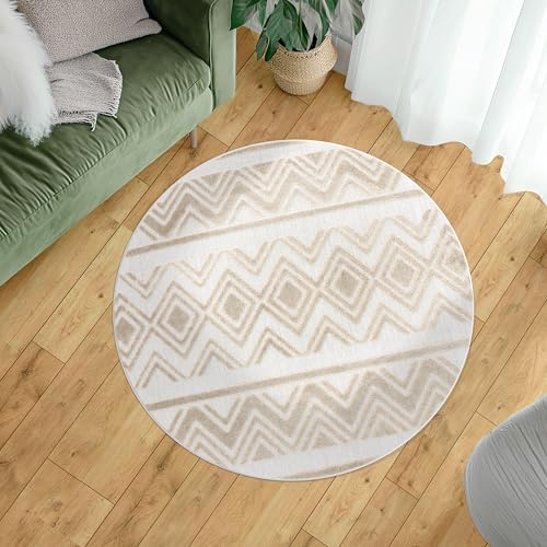 Paco Home Outdoor Teppich Wetterfest Wohnzimmer Boho Balkon Küchenteppich Schlafzimmer Skandinavisch 3D Effekt Beige Creme, Grösse:160 cm Rund