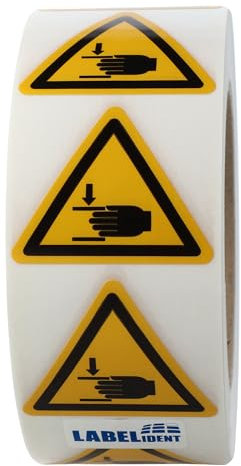 Warnaufkleber W024 - Warnung Handverletzungen - Seitenlänge: 50 mm - 1.000 selbstklebende Warnzeichen 1 Rolle(n), Polyethylen