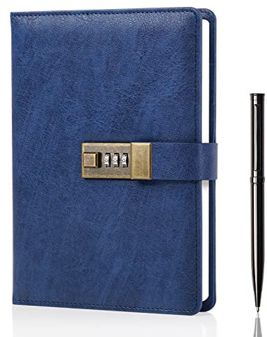 WEMATE Journal Intime Code, A5 Journal en Cuir PU avec 240 Pages, Vintage Diary Avec Serrure,Journal Intime Garçon Fille,Convient aux élèves de Bureau et D'école,8.6 x 5.8 Pouces,Bleu
