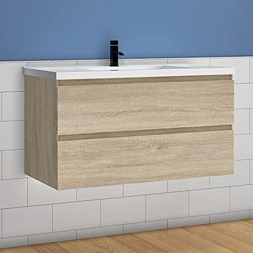 Acezanble Ensemble Meuble de Salle de Bain chêne Clair 100 cm Suspendu lavabo Beton sur Pied 2 tiroirs + Vasque Armoire de Rangement Meuble lavabo evier Meubles