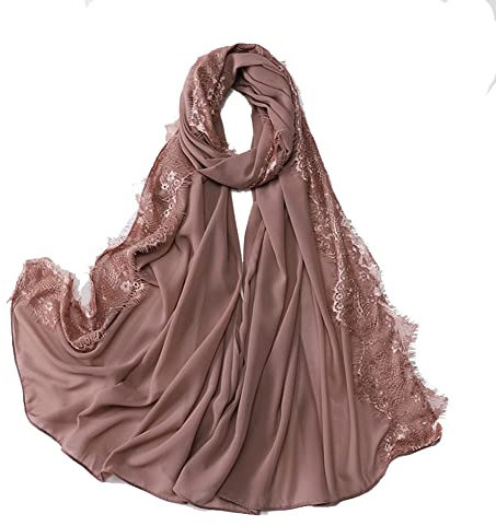 Yurosiay Damen Schal Stola Chiffon Kopftuch Mit Spitzen Leichte Weich Lange Halstücher Mode Elegant Head Wrap Scarf Chiffon Umhang Cape Damen Chiffon Schal für Ganzjährig 70×175cm Braun