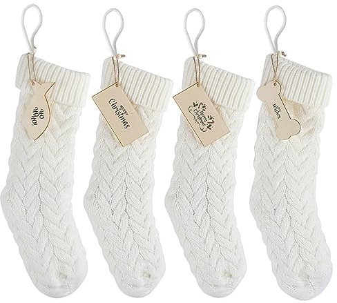 Agoer 4 calcetines de Navidad blancos, botas de Papá Noel para rellenar, como bolsa de regalo de Navidad, calcetín de Papá Noel en chimenea, escaparate y decoración navideña