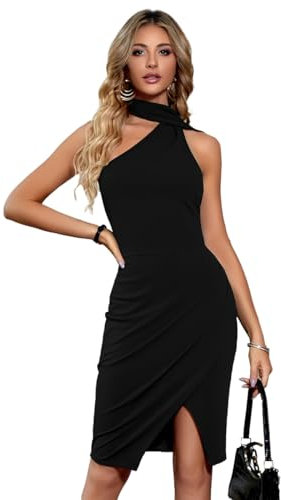 KOEMCY Vestido sin Mangas Mujer Asimétrico Cuello Halter Elegante Vestidos Verano Fiesta Coctel Corte Lateral Ropa Vestir para Eventos Formales