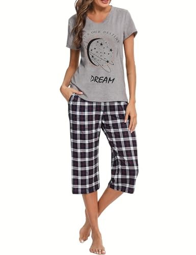 iClosam Schlafanzug Damen Kurz Pyjama Kurzarm Baumwolle V-Ausschnitt Nachtwäsche Set Zweiteiliger Top Kurzarm und 3/4 Lang Karierte Pyjamahose Loungewear Freizeitanzug für Sommer