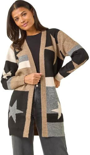 Roman Originals Women Cardigan - Ladies Longline Coatigan Tassel Open Front Cardi Winter Autumn Casual Textured Edge to Edge Yarn Patterned Comfy Work Going Out - Tan Grey - Size 20