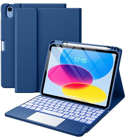 Harvopu Compatible for iPad 11th 10th Generation Case with Keyboard, Folio Cover with Pencil Holder, Multi-Touch Trackpad, 7 Color Backlit, Detachable Keyboard for iPad (A16) 11th/10th Gen (Navy Blue)