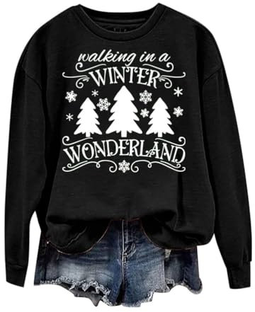 ORANDESIGNE Weihnachtspullover Damen Sweatshirt Rundhals Langarm Rentier Weinglas Weihnachtsmann Druck Langarmshirt Teenager Mädchen Christmas Sweatshirt Oberteile Tops Shirt Frauen A Schwarz S