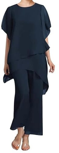 JAEDEN 2 Teilig Hosenanzug für Brautmutter Chiffon Festliche Hosenanzüge Schlicht Hochzeitsgast Hosen Set Dunkle Marine 44