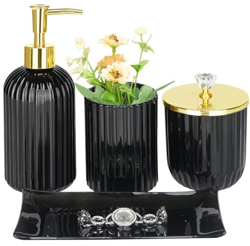 Haturi Ensemble d'accessoires de salle de bain en verre noir avec distributeur de savon, porte-brosse à dents, pot d'apothicaire, plateau de coiffeuse, décoration de salle de bain, cadeau pour maison