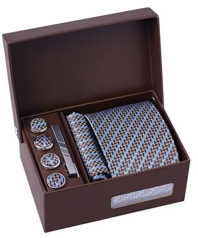 BRERA 67-5 Pezzi Cravatta Uomo elegante + Fazzoletto da taschino uomo + Gemelli + Copribottoni + Fermacravatta, Set uomo con confezione regalo