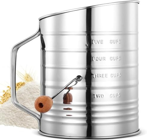 WHAPELQ Flour Sifter, Flour Sieve Sieve Stainless Steel 5 Cup Rotary Hand Crank Flour Sieve Cup Make Flour Fine for Flour, Sugar, Cinnamon, Spice Powder Silver 1 Piece