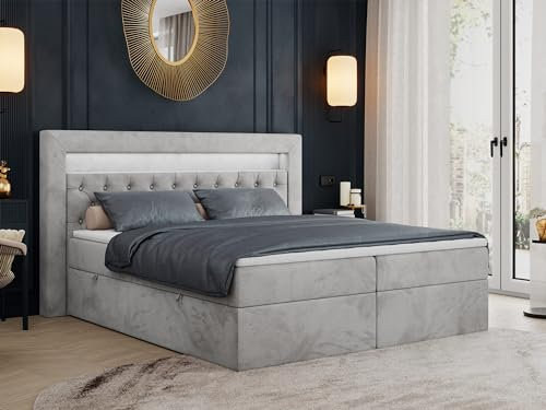 MKS MEBLE Boxspringbett 140x200 mit Led Grau Samt, Bett 140x200 mit LED Kopfteil, Multipocket Matratze H3, Doppelbett mit Bettkasten Stauraumbett - Gold-6 - Hellgrau Velvet