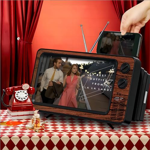 Amplificateur TV rétro pour écran de téléphone - Cadeau pour papa et maman - Aucune installation nécessaire - 3D HD - Pour films, vidéos, jeux - Marron vintage