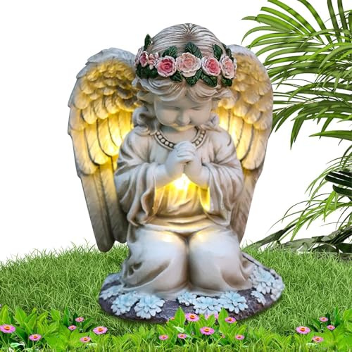 Uhngw Angeli solari per cimitero, grazioso angelo in resina, luci solari per esterni, giardino, scultura impermeabile, decorazione per cimitero, arte da cortile per patio, veranda, cortile, balcone