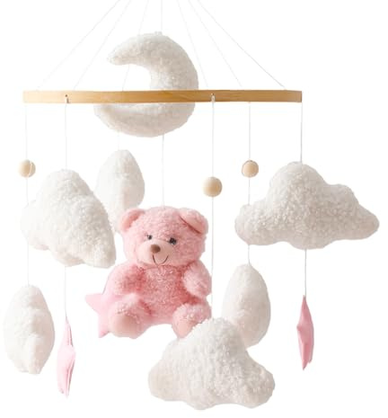 Herfair Mobile Baby Bettglocke mit Teddybär Hölz Mädchen Hängende Mobile Windspiel für Babybett Kinderbett (Rosa Teddybär)