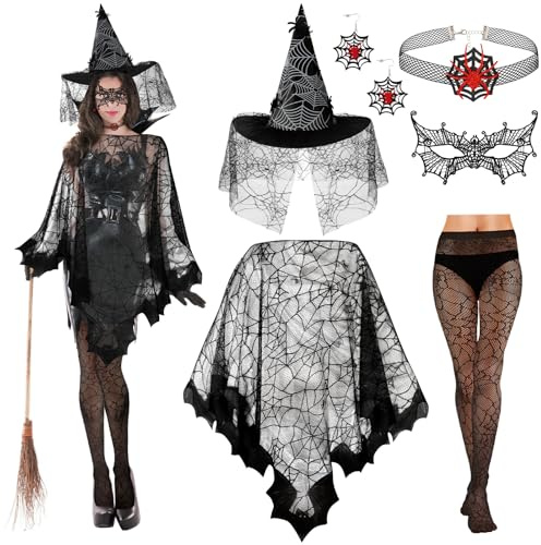 Beipegin Spinnen Kostüm Damen Accessoires,Spinnennetz Poncho Spinnen Netz Hexenhut Halloween Spinnen Halsketten Ohrringe Strumpfhose mit Maske Halloween Kostüm Fasching Party Cosplay