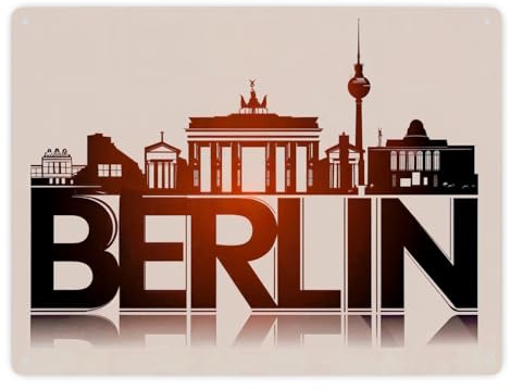 Berlin Skyline Metallschild XXL in 28x38 cm Erleben Sie urbane Raffinesse mit Brandenburger Tor und Fernsehturm - Berlin historisch