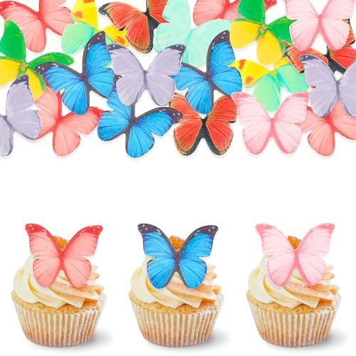 DazzJoy 60 Stück Essbare Schmetterlinge Cupcake Topper, Bunt für Torte, Tortendeko, Hochzeit und Geburtstag
