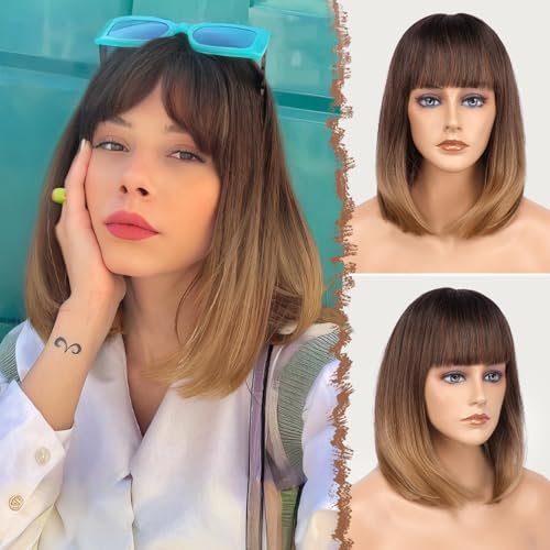 FESHFEN Kurze Bob Perücken mit Pony für Damen Mittellange Synthetik Perücken Gerade Haar Perücken für Frauen 35 cm Schwarzen Ansatz bis Zum Braunen Blond