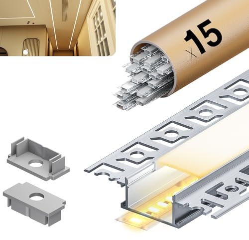 HOOLED LED Profil 2 m für LED - Streifen 15 Stück Trockenbauprofil Größe 28mm (Lamellen 64.2 mm) x 10 mm Geeignet für alle Streifen bis 20,2 mm Mit milchweißer PC-Abdeckung