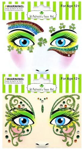 LEMONSTONE Glücksklee Gesichtstattoo Karneval,2 Stück Klee Tattoo Gesicht Klee Face Art Sticker,Schmetterling Klee Schminke,Glitzer Klee Aufkleber Gesicht Karneval,Temporäre Tattoos Klee für Fasching