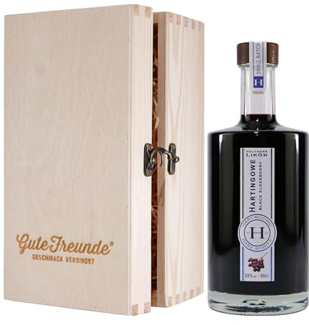Hartingowe Black Elderberry Likör mit Geschenk-Holzkiste