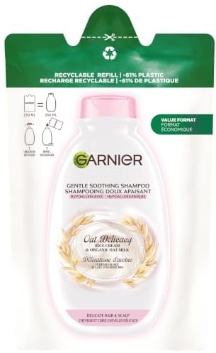 Garnier Wahre Schätze Sanfte Hafermilch Shampoo Refill Multipack, Nachfüllpack mit -60% weniger Plastik, recyclebar, für empfindliches Haar, sensible Kopfhaut, spendet Feuchtigkeit, 1x250ml