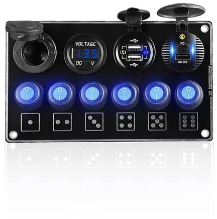 Geloo Pannello Interruttori a Levetta 12 V 24 V Impermeabile con Doppia USB QC3.0 Caricatore Rapido PD Tipo C Presa Accendisigari e Voltmetro Digitale a LED per Auto, Barca, Camper, Camion