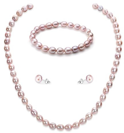 YAMI Perlenkettenset, Violettes Perlenschmuckset, Perlenohrringe, Perlenkette Damen, Perlenarmband 6–7 mm, 925er Sterlingsilber, Damenschmuck für Jeden Anlass