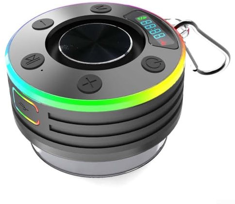 Snowchecking Altavoz de ducha 5.3 con radio FM, pantalla LED, IPX7, resistente al agua, con soporte de pared con ventosa (negro)