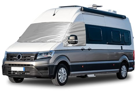 Externe Thermo Scheibenabdeckung für 2018-2024 VW Crafter/Grand California | Opaltool Luxus Silberne Frontscheibenabdeckung Winter Sommer Scheibenfrostschutz Abdeckung mit Verdunkelungsfunktion