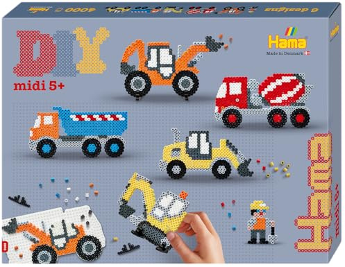 Hama Perlen 3163 Bügelperlen Geschenkpackung mit ca. 4000 Bastelperlen mit Durchmesser 5 mm, Motiv Baufahrzeuge, kreativer Bastelspaß für Groß und Klein