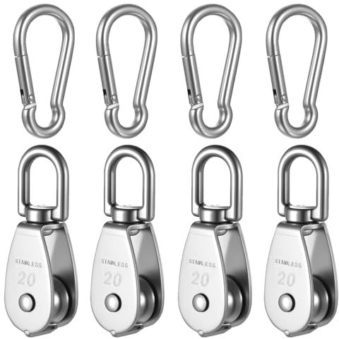 4 Stück M20 Edelstahl Umlenkrollen für Sonnensegel Fitness Garage | Schwenkbar, Tragkraft 75kg, mit 4 M6 Karabinern, für Seile und Hängesysteme