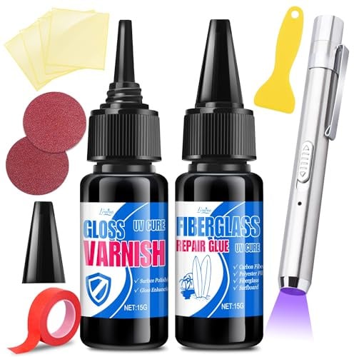 Kit di Riparazione per Tavole da Surf - Kit di Riparazione in Fibra di Vetro, Colla Riparazione Resina UV, Ripara Rapidamente Graffi, Buchi e Fessure in Fibra di Vetro, Polyester, Fibra di Carbonio