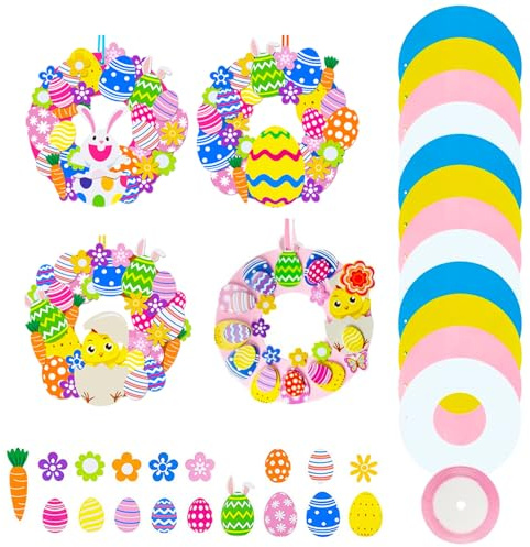 GZGXKJ 12 Stück Oster Kinder DIY Kranz Kit Schaum Aufkleber Kranz Glitzer | Kaninchen Ei Oster Kunst Kranzn Kit Selbstklebend Ostereier Deko Osterdeko Basteln Kinder Osterkranz Basteln