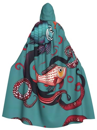 LLOTPQ Unisex Erwachsene Halloween Kapuzenumhang - Fisch und Oktopus Druck Kostüm Umhang für Cosplay, Magier Motto-Partys & mehr