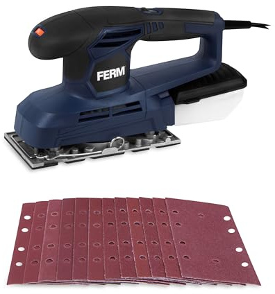 FERM Schwingschleifer 240W – Exzenterschleifer mit variabler Geschwindigkeit (6000–11000/min), 90×187 mm Schleiffläche, Staubbox, Klett & Spannsystem, inkl. 12 Schleifblätter PSM1034