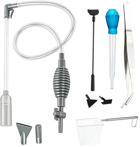 FuYelng 5 Pièces 1.7m Kit Aspirateur Aquarium avec Grattoir Algues 3 en 1 | Nettoyage Aquarium, pour Changement D'eau Nettoyage(Pompe Manuelle Grattoir Compte Gouttes Filet Pêche Pince à Épiler)