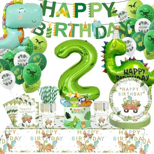 Dino Geburtstag Deko 2,Dinosaurier Partygeschirr Geburtstagsdeko, Geburtstagsdeko 2 Jahre Junge, Dino Ballons Servietten etc Supplies für Party Deko